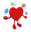 heart with arms and legs and big pills