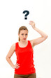 woman with board question mark sign