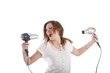 wild young beautiful woman with two hairdryer (white background)