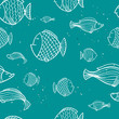 Seamless pattern with different kinds of hand drawn cartoon fish