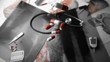 Pills falling over x ray next to medical tools in black and white