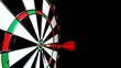 Red dart hitting the bulls eye on black background
