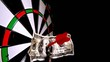 Red dart with a dollar note hitting dart board