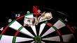 Red dart with a dollar note hitting board low angle view