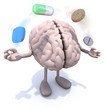 brain with arms and legs and big pills in the air