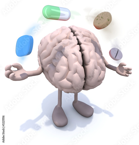 Illustration: brain with arms and legs and big pills in the air brain with arms and legs and big pills in the air