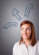 Pretty lady thinking with arrows overhead