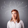 Young girl thinking with arrows overhead