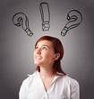 Young lady thinking with question marks overhead
