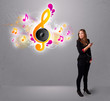 pretty girl singing and listening to music with musical notes