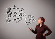 attractive young lady singing and listening to music with musica