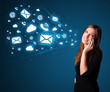 Young lady making phone call with message icons