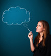 Beautiful lady smoking cigarette with idea cloud