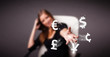 Young lady throwing currency icons
