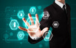 Businessman pressing virtual media type of buttons