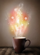 Coffee mug with abstract steam and colorful lights