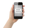 Woman hand holds smart phone with mobile banking button 