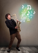 Young musician playing on saxophone while musical notes explodin