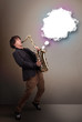 Young man playing on saxophone with copy space in white cloud