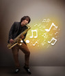 Handsome musician playing on saxophone with musical notes