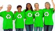 Women dancing and wearing green shirt with recyclable symbol