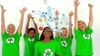 Enivromental activist throwing box of recyclables with others cheering