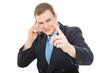 Young businessman talking on the phone pointing with finger