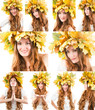 Beautiful fall woman. Collage of girl with autumn wreath