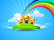 Golden Mosque and Masjid in the sky on rainbow and clouds backgr