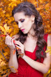 A beautiful brunette in red dress