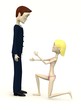3d render of cartoon character kneel in front of another