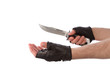 Robber with knife holding out hand