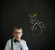 Thinking boy business man with chalk angel on shoulder