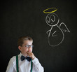 Foto: Thinking boy business man with chalk angel on shoulder Thinking boy business man with chalk angel on shoulder