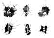 Ink splatter, music icons set on white background