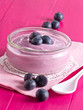 Joghurt mit Heidelbeeren auf einem Holztablett.