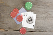 playing cards and poker chips on wooden background