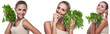 woman with bundle salat. Concept vegetarian dieting