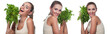 Happy young woman with bundle herbs salat in hands