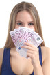Woman smiling and holding a lot of five hundred euro banknotes