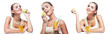 Happy Young Woman with apple juice on white background