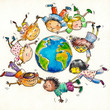 Illustration: Children flying around Earth Children flying around Earth