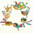 Illustration: Children flying together.Watercolors. Children flying together.Watercolors.
