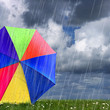rainbow colored umbrella's in heavy rain to use as background