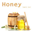 Honey in bank and barrel isolated on white