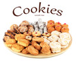 Sweet cookies on wooden plate isolated on white.