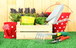 Garden tools on grass in yard