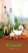 Composition of mortar, bottles with olive oil and vinegar, and