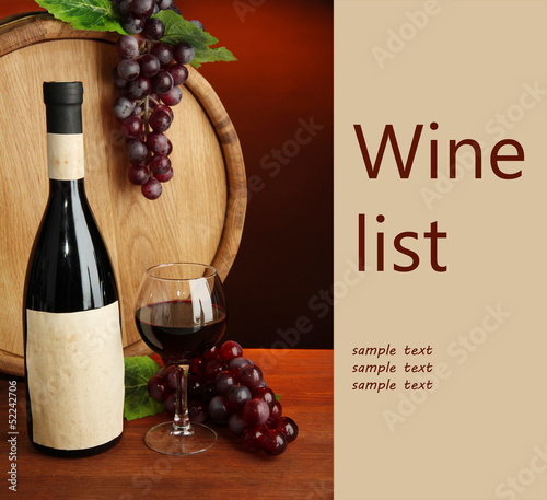 Photo: Composition of wine, wooden barrel and grape, Composition of wine, wooden barrel and grape,