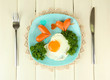 Photo: Sausages in form of hearts, scrambled eggs and parsley, Sausages in form of hearts, scrambled eggs and parsley,